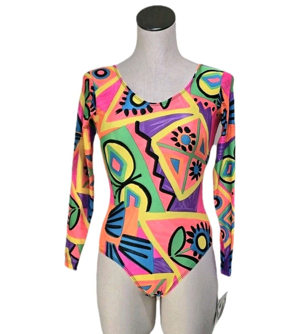 GK Elite VTG 90s Abstract Neon Butterfly LS Dance Leotard Bodysuit AS Adult S